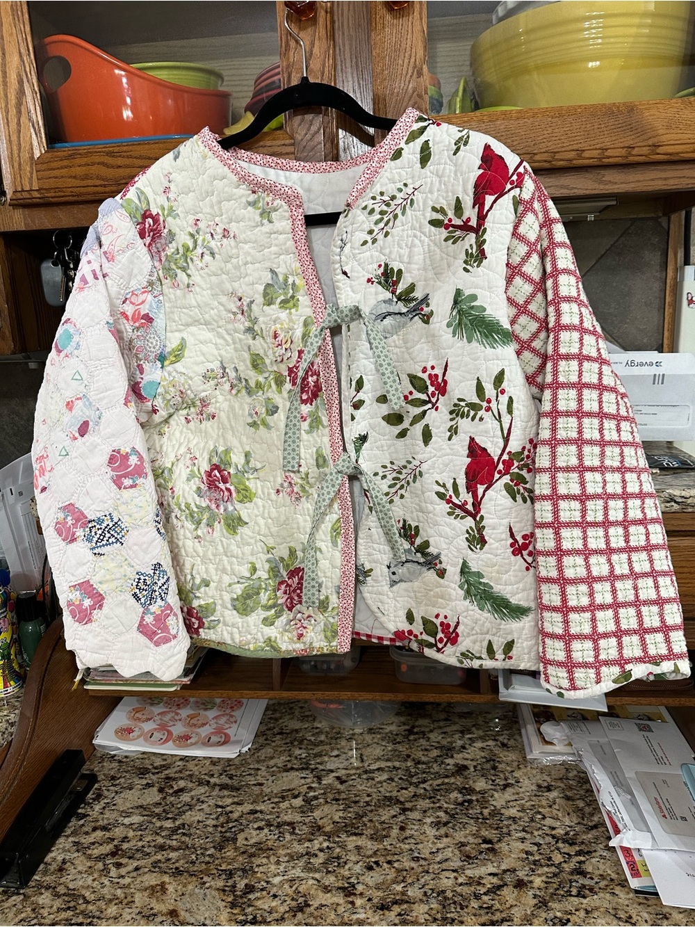 Quilted Floral Patchwork  women’s quilted Jacket - White, Pink & Green